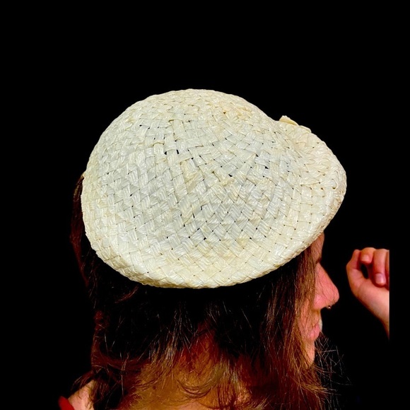 Mid Century Woven Plastic w/Floral Appliqué & Rhinestones Cloche Hat main image 3